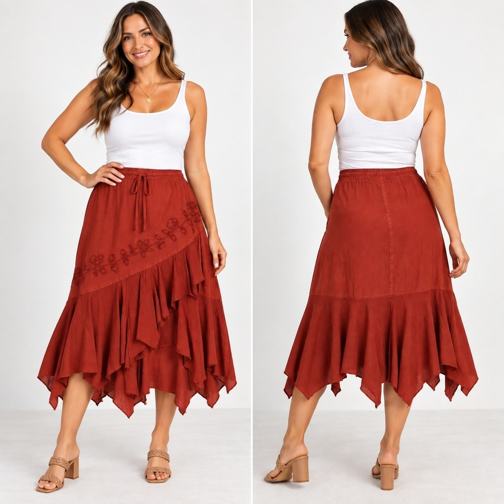 Vintage Chapare Rust Cotton Embroidered Handkerchief Hem Midi Skirt L Boho Peru